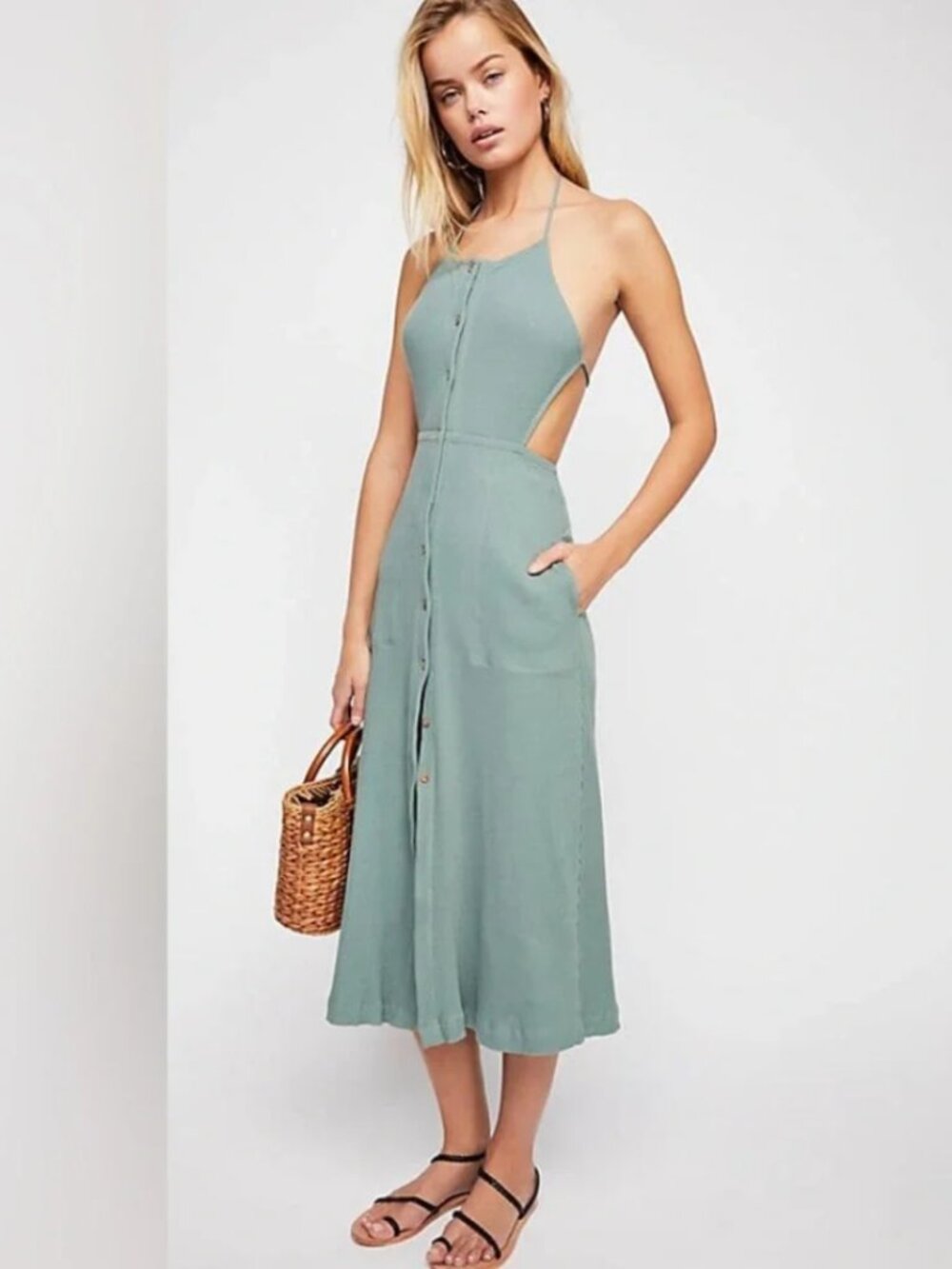 Free People Margaret Midi Dress Halter Backless Ribbed Buttons USA Elastic